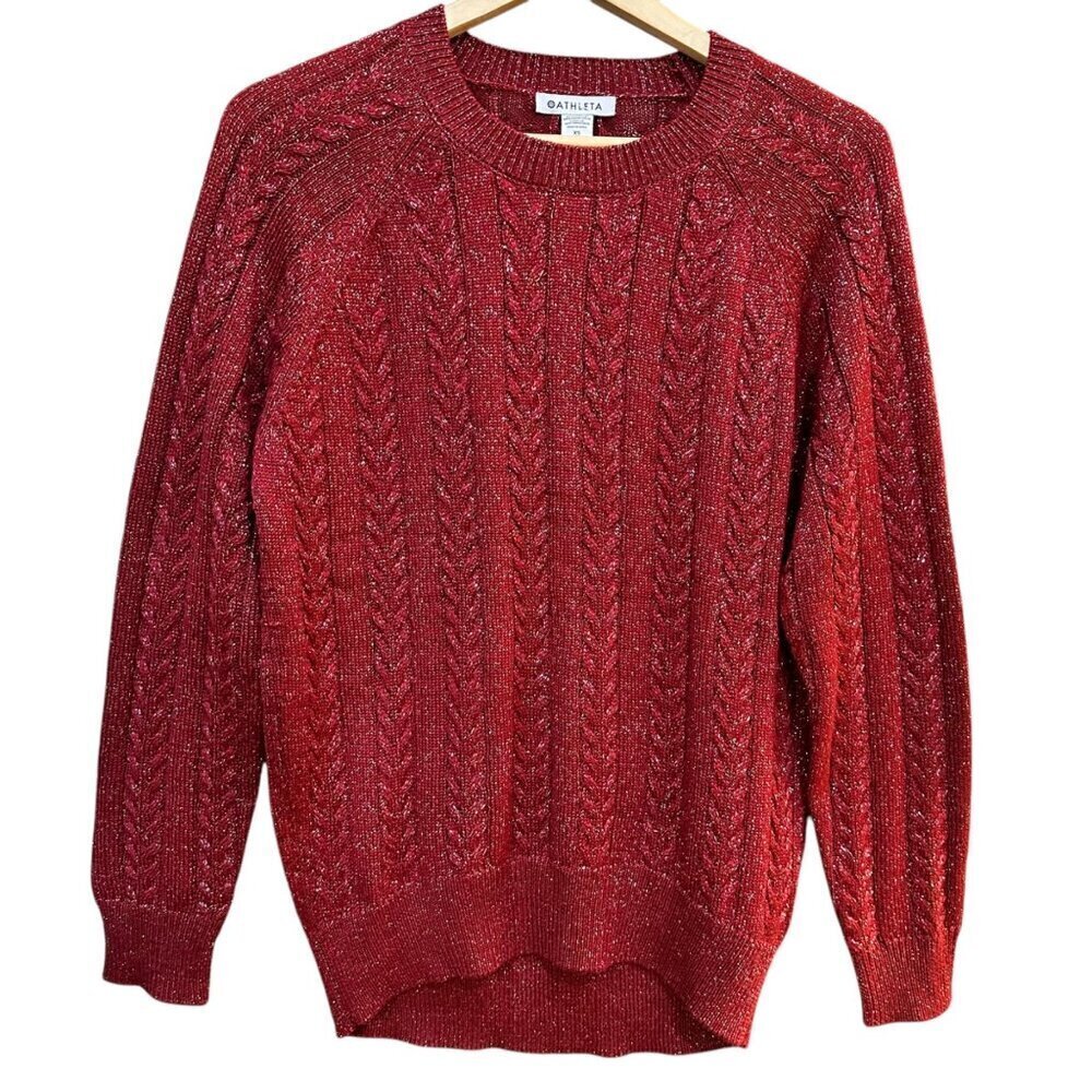 Athleta Crossroads Cable Knit Sweater Red Metallic Knit‎ Holiday Christmas XS